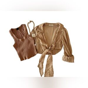 Checked Tie-Front Blouse, necklace and tank top